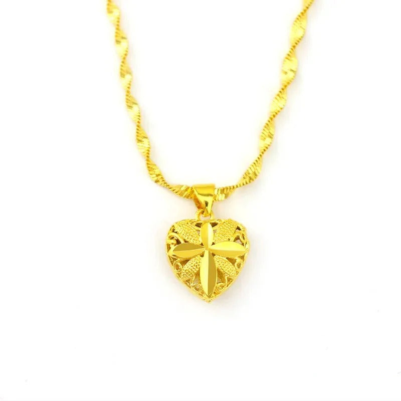 Exquisite 24K Gold Plated Round Heart Pendant Twisted Chain Necklace for Women