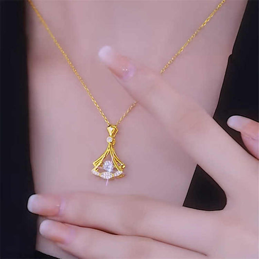 Elegant 24K Gold Plated Fan Pendant Necklace with Sparkling Rhinestone Decor