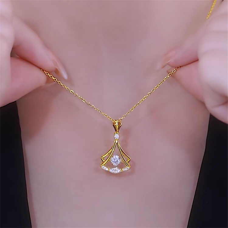 Elegant 24K Gold Plated Fan Pendant Necklace with Sparkling Rhinestone Decor