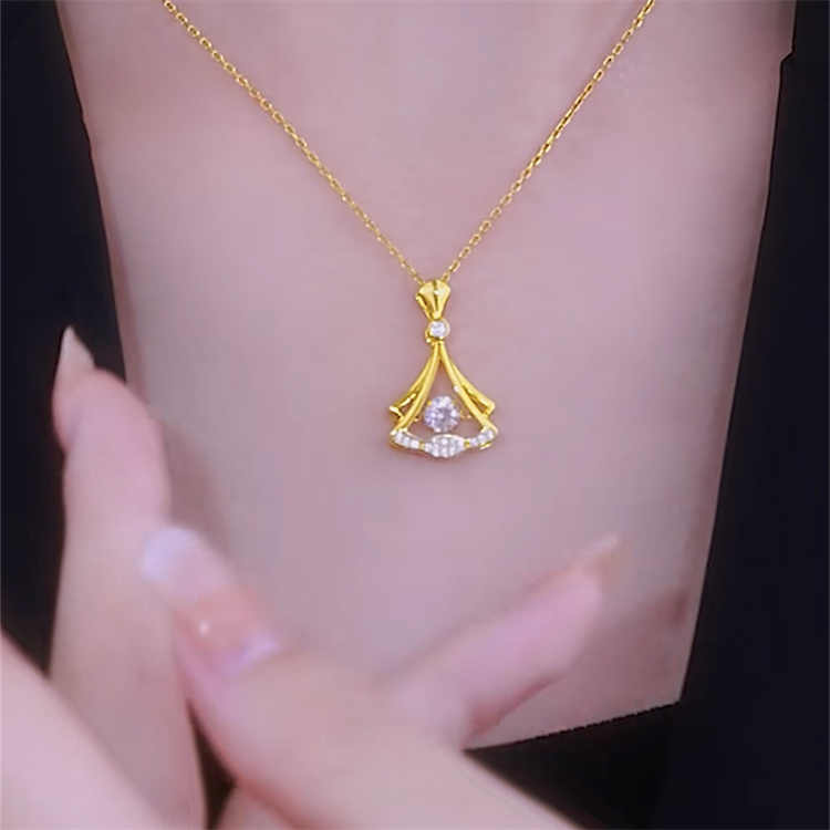 Elegant 24K Gold Plated Fan Pendant Necklace with Sparkling Rhinestone Decor