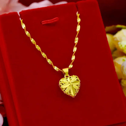 Exquisite 24K Gold Plated Round Heart Pendant Twisted Chain Necklace for Women