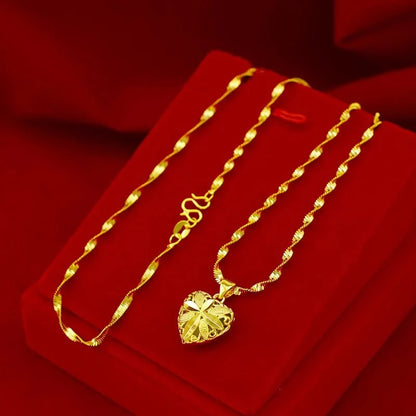 Exquisite 24K Gold Plated Round Heart Pendant Twisted Chain Necklace for Women
