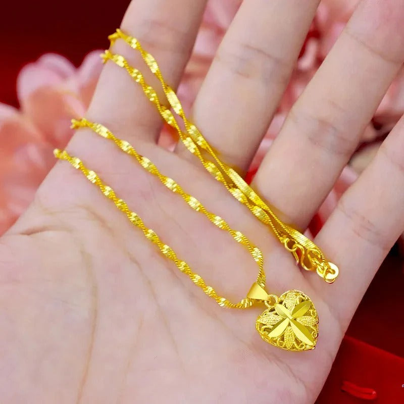 Exquisite 24K Gold Plated Round Heart Pendant Twisted Chain Necklace for Women